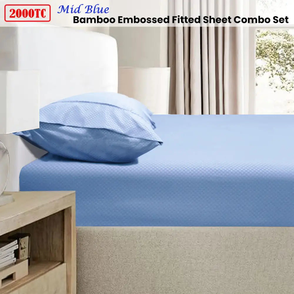 Ramesses 2000TC Bamboo Embossed Fitted Sheet Combo Set Mid Blue King - Home & Garden > Bedding > Bed Sheets