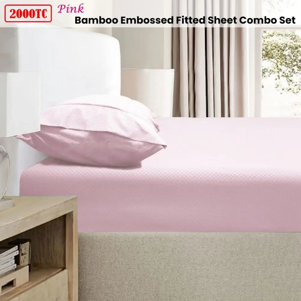 Ramesses 2000TC Bamboo Embossed Fitted Sheet Combo Set Pink King - Home & Garden > Bedding > Bed Sheets