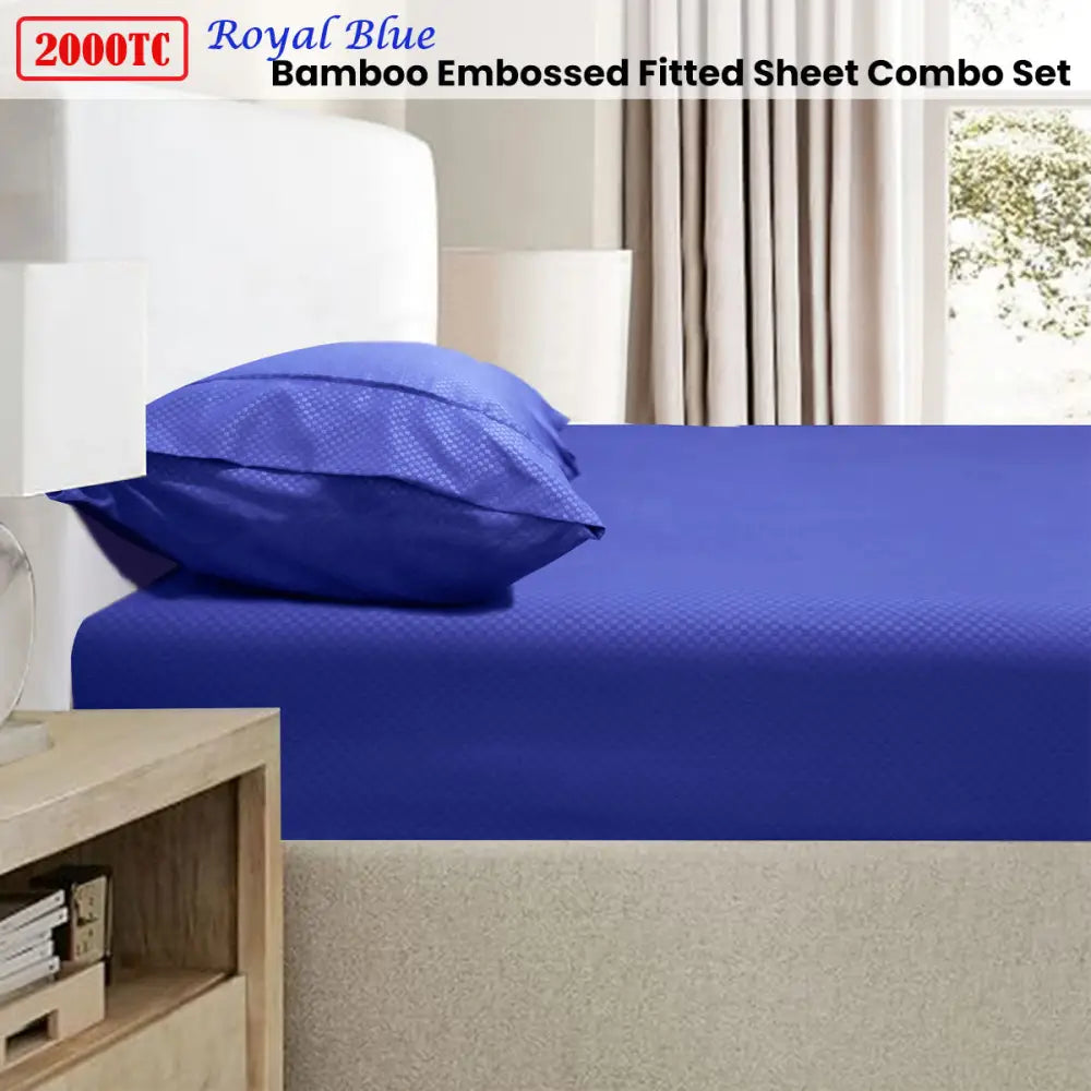 Ramesses 2000TC Bamboo Embossed Fitted Sheet Combo Set Royal Blue King - Home & Garden > Bedding > Bed Sheets