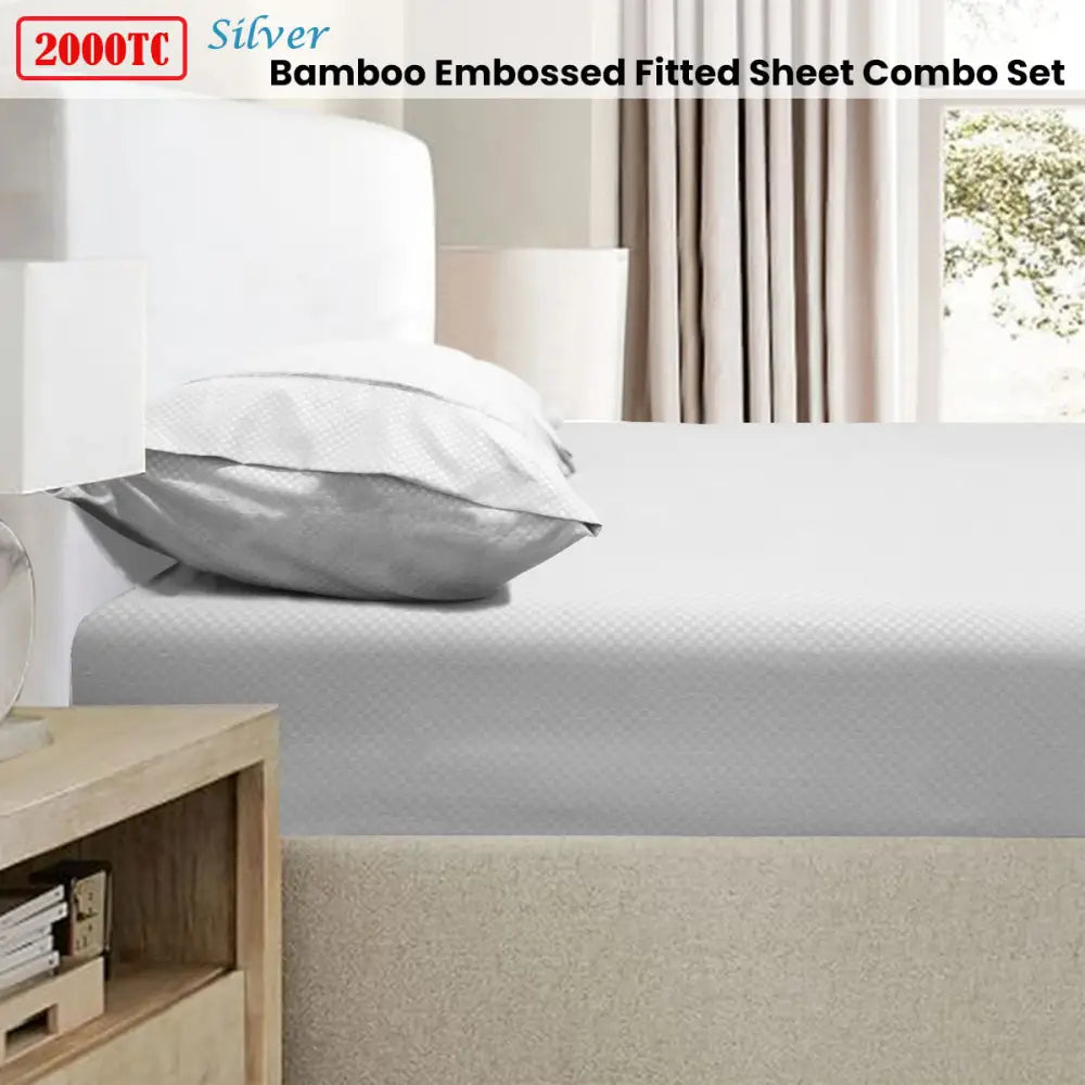 Ramesses 2000TC Bamboo Embossed Fitted Sheet Combo Set Silver Double - Home & Garden > Bedding > Bed Sheets