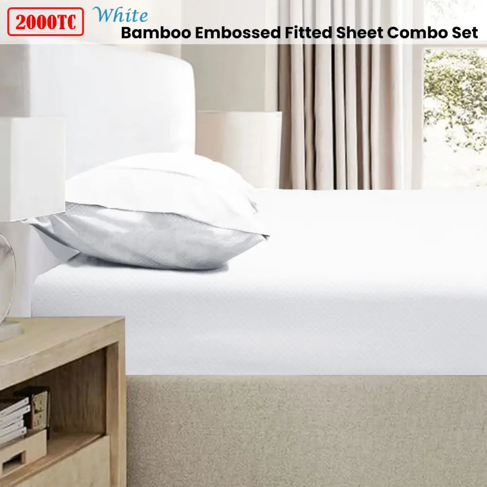 Ramesses 2000TC Bamboo Embossed Fitted Sheet Combo Set White Queen - Home & Garden > Bedding > Bed Sheets