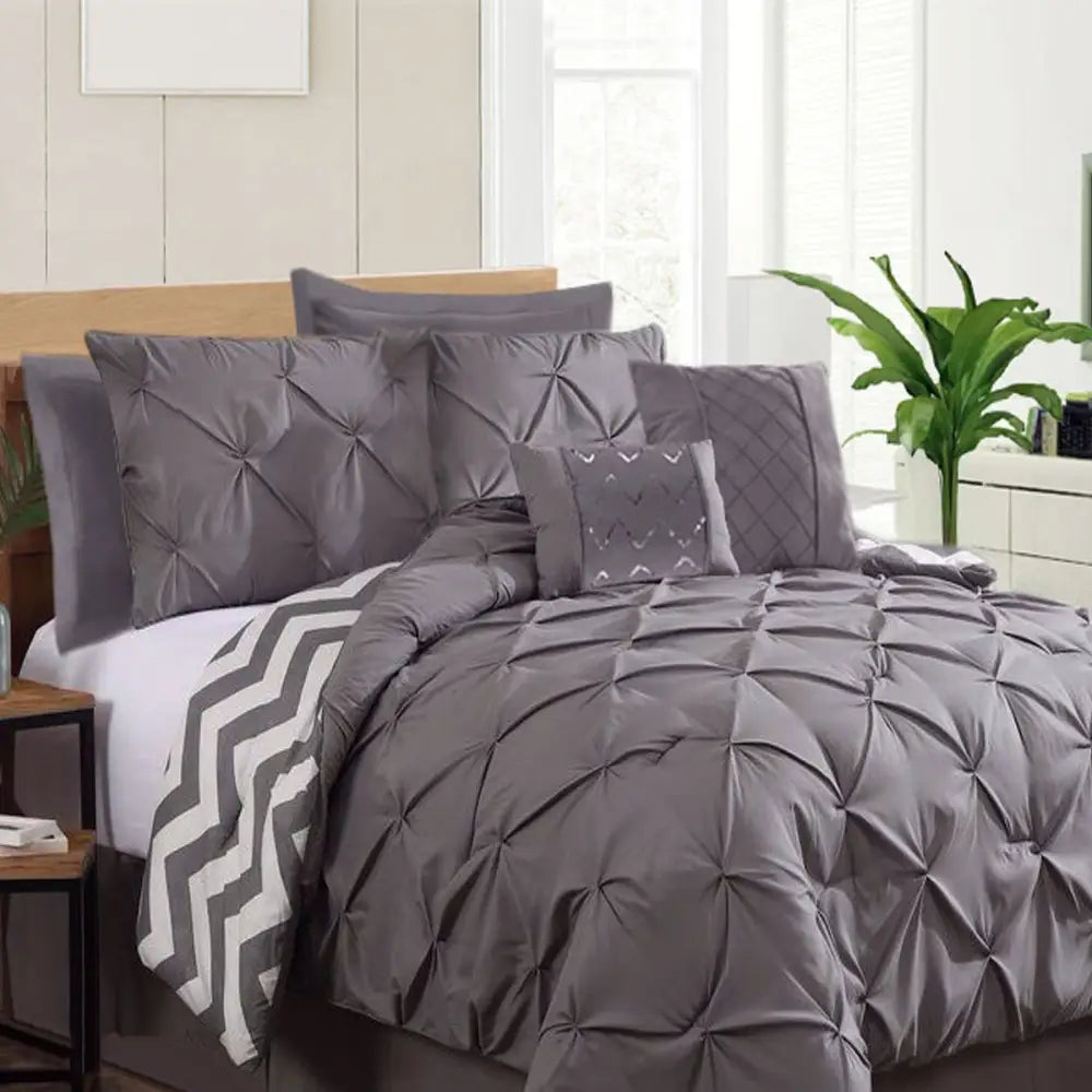 Ramesses 7 Piece Pinch Pleat Comforter Set Charcoal Queen - Home & Garden > Bedding