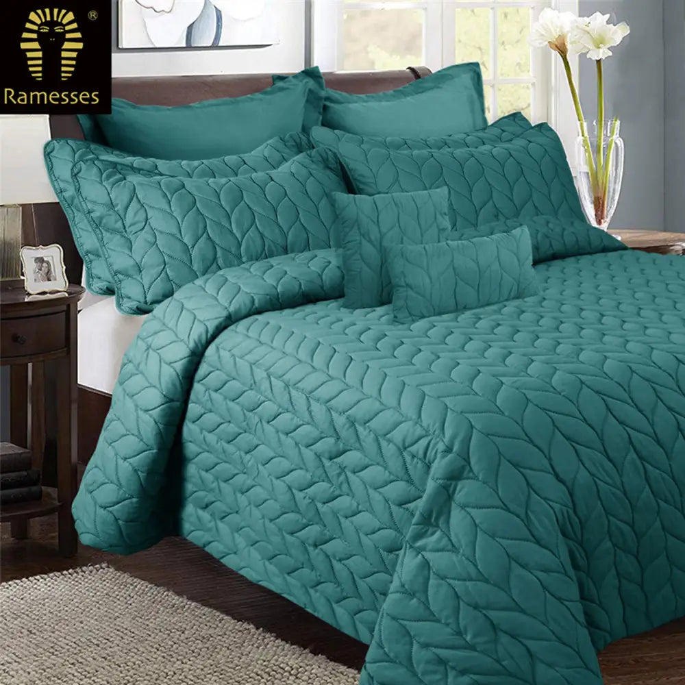 Ramesses 9 Pieces Ultrasonic Comforter Set Queen Teal - Home & Garden > Bedding