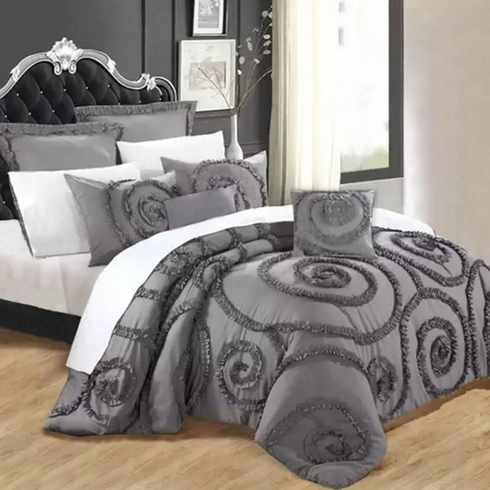 Ramesses Floral Ruffled Charcoal 7 Pcs Deluxe Comforter Set Queen - Home & Garden > Bedding > Bed Sheets