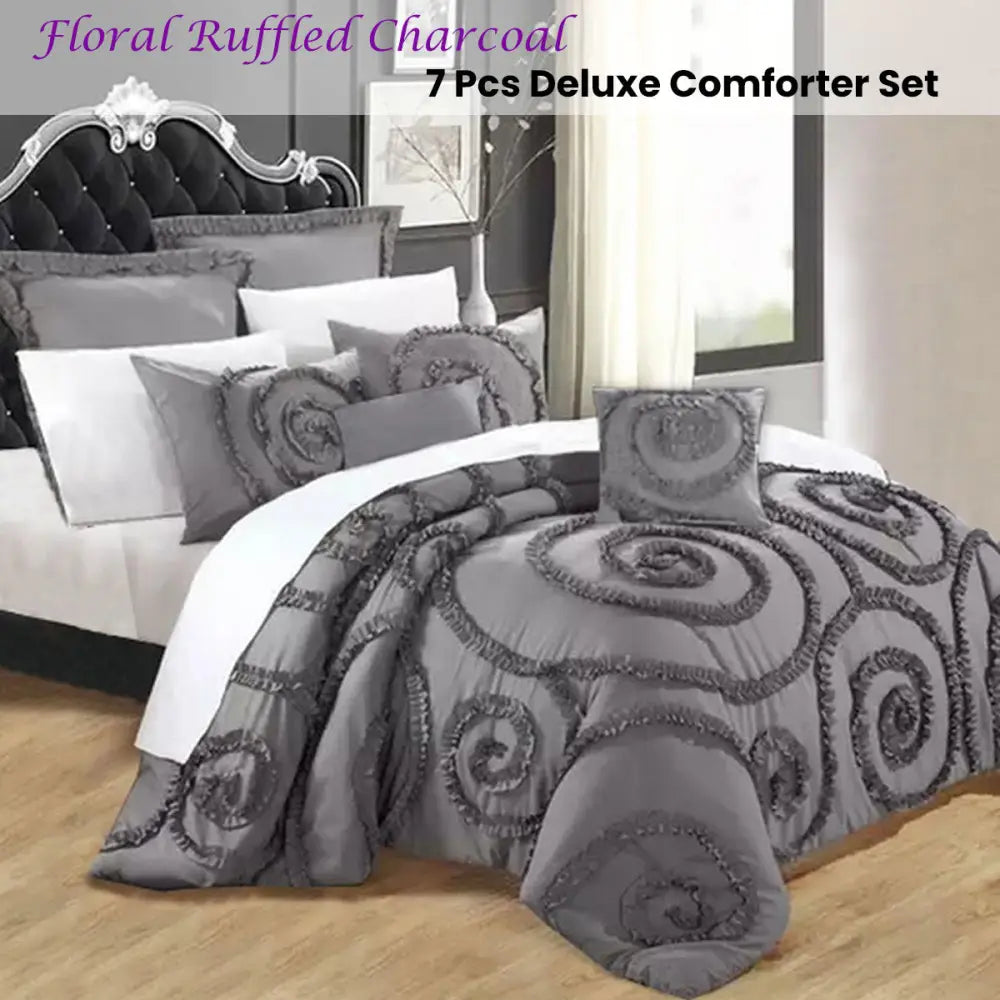 Ramesses Floral Ruffled Charcoal 7 Pcs Deluxe Comforter Set Queen - Home & Garden > Bedding > Bed Sheets