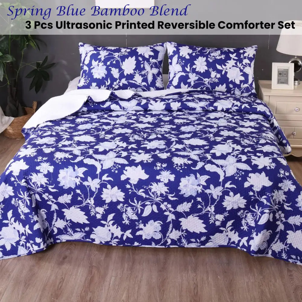 Ramesses Spring Blue 3 Pcs Bamboo Blend Ultrosonic Reversible Comforter Set King - Home & Garden > Bedding > Bed Sheets