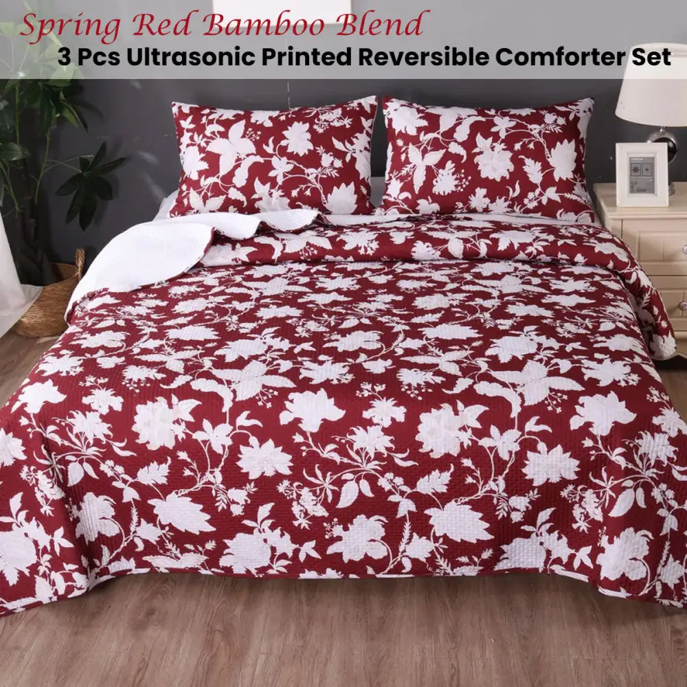 Ramesses Spring Red 3 Pcs Bamboo Blend Ultrosonic Reversible Comforter Set King - Home & Garden > Bedding > Bed Sheets