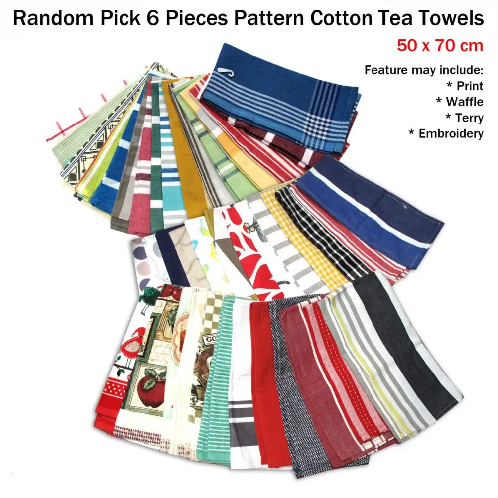 Random Pick Set of 6 100% Cotton Pattern Tea Towels - 50 x 70 cm - Home & Garden > Kitchenware