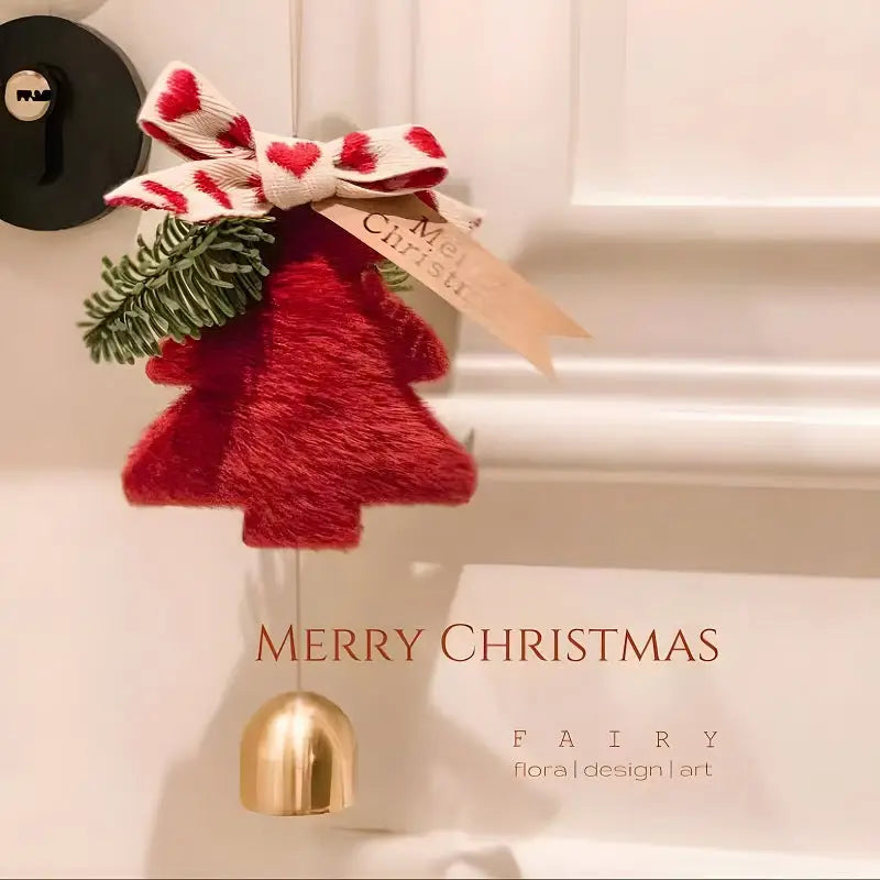 Red Velvet Christmas Tree Ornament with Ribbon and Bell - Festive Holiday Decoration 5 pieces - Occasions > Christmas >
