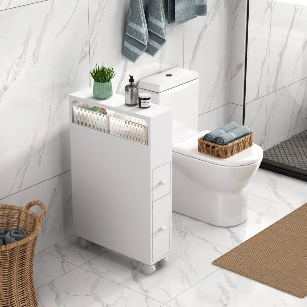 Removable Bathroom Side Cabinet Toilet Caddy with Storage Drawers- White - Furniture > Bathroom > Bathroom Cabinets