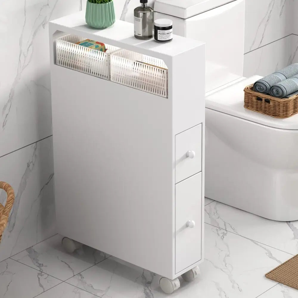 Removable Bathroom Side Cabinet Toilet Caddy with Storage Drawers- White - Furniture > Bathroom > Bathroom Cabinets