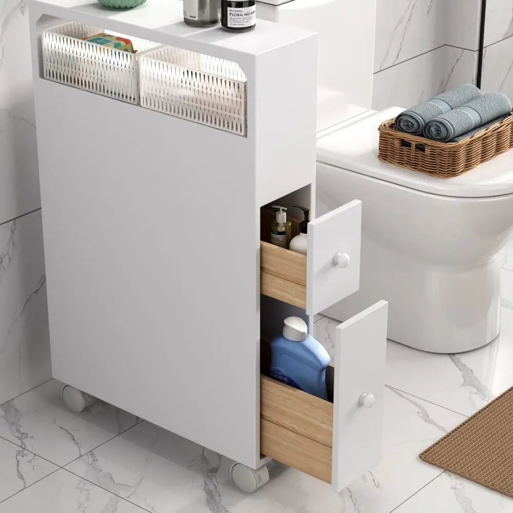 Removable Bathroom Side Cabinet Toilet Caddy with Storage Drawers- White - Furniture > Bathroom > Bathroom Cabinets
