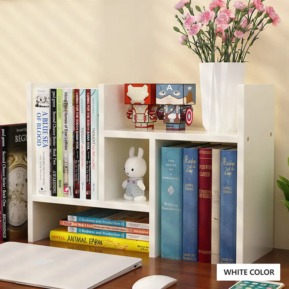 Resize-able Thick Wood Desktop Bookshelf Display Rack Unit(White) - Furniture > Office