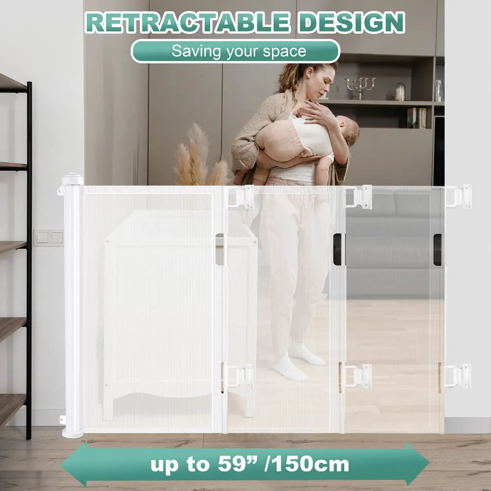 Retractable 1.5M Doorways Hallways Stairs Baby Gate Dog Pet Gate Indoor Outdoor Safety Gates White - Baby & Kids >