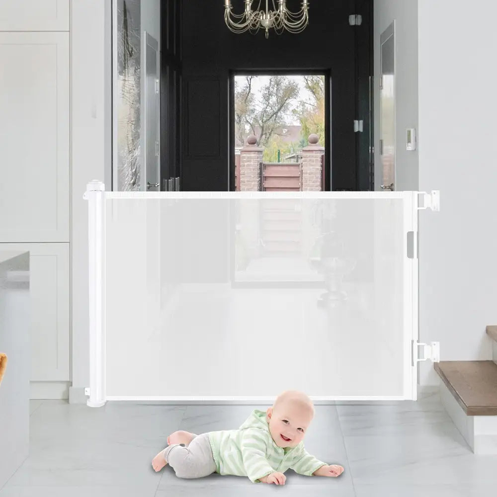 Retractable 1.5M Doorways Hallways Stairs Baby Gate Dog Pet Gate Indoor Outdoor Safety Gates White - Baby & Kids >