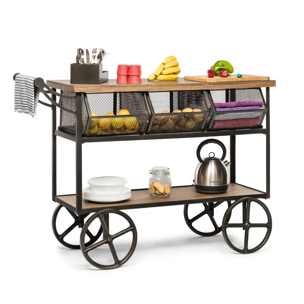 Retro Wooden Kitchen Island Trolley on Wheels with Storage Drawers - Furniture > Dining