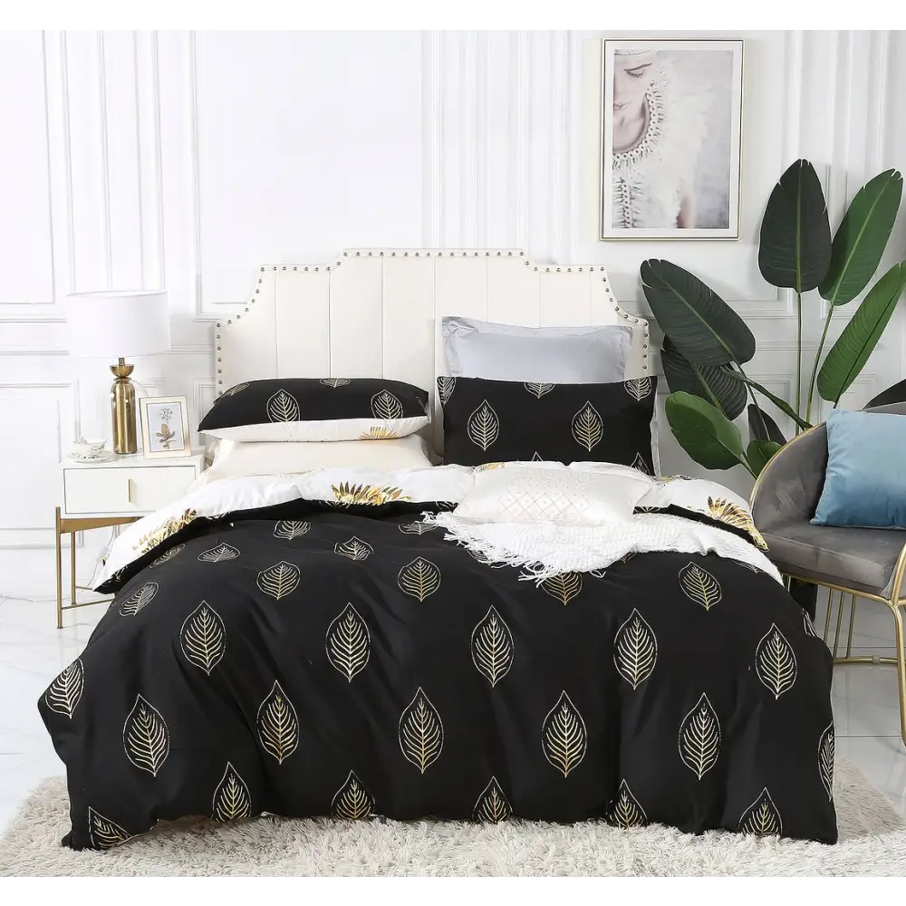 Reversible Design Super King Size Black Gold Duvet Quilt Cover Set - Home & Garden > Bedding