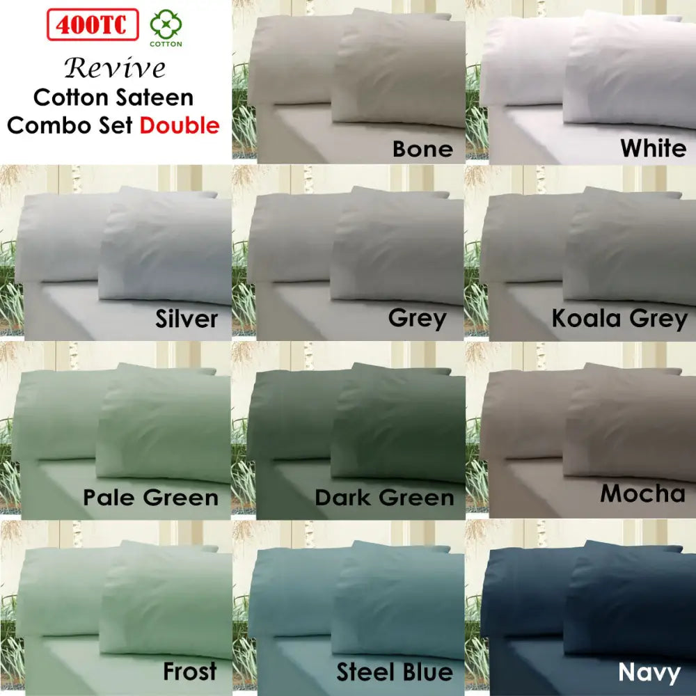 Revive 400TC Cotton Sateen Combo Set Double Steel Blue - Home & Garden > Bedding > Bed Sheets