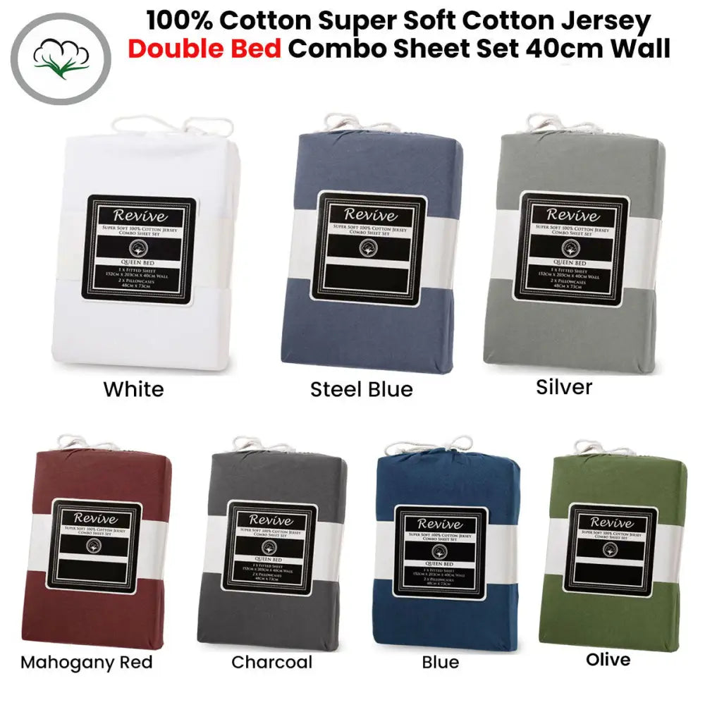 Revive Blue 100% Cotton Jersey Super Soft Fitted Sheet Combo Set Double 38cm Wall - Home & Garden > Bedding > Bed Sheets