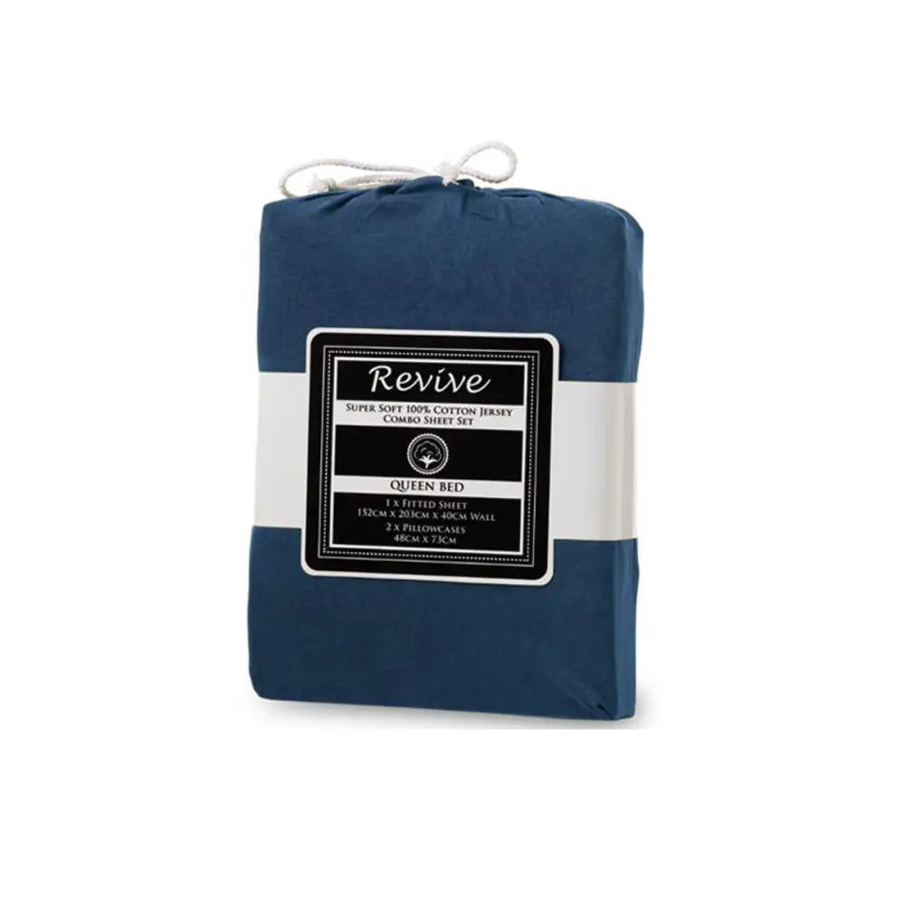 Revive Blue 100% Cotton Jersey Super Soft Fitted Sheet Combo Set Double 38cm Wall - Home & Garden > Bedding > Bed Sheets