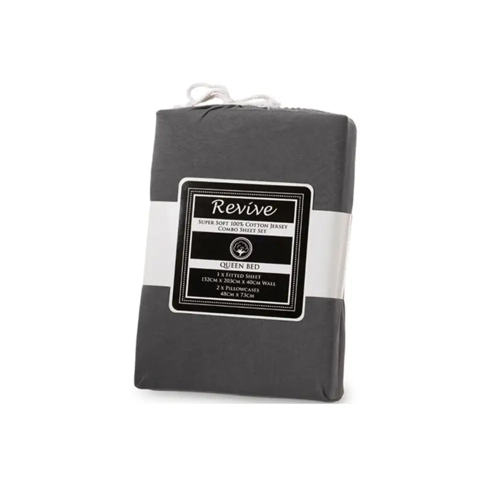 Revive Charcoal 100% Cotton Jersey Super Soft Fitted Sheet Combo Set Double 38cm Wall - Home & Garden > Bedding > Bed
