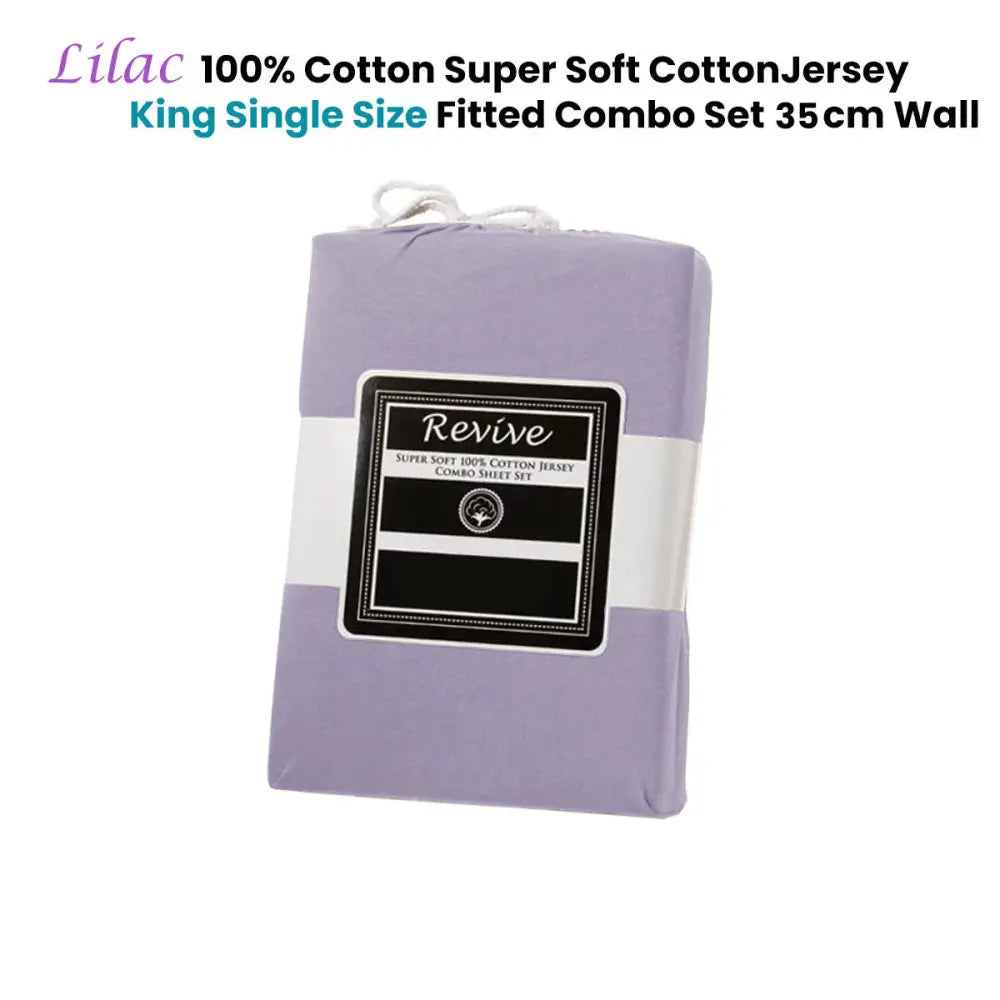 Revive Lilac 100% Cotton Jersey Super Soft Fitted Sheet Combo Set King Single 35cm Wall - Home & Garden > Bedding > Bed
