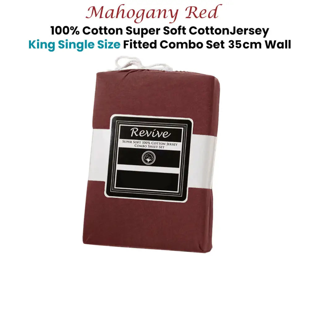Revive Mahogany Red 100% Cotton Jersey Super Soft Fitted Sheet Combo Set King Single 35cm Wall - Home & Garden >