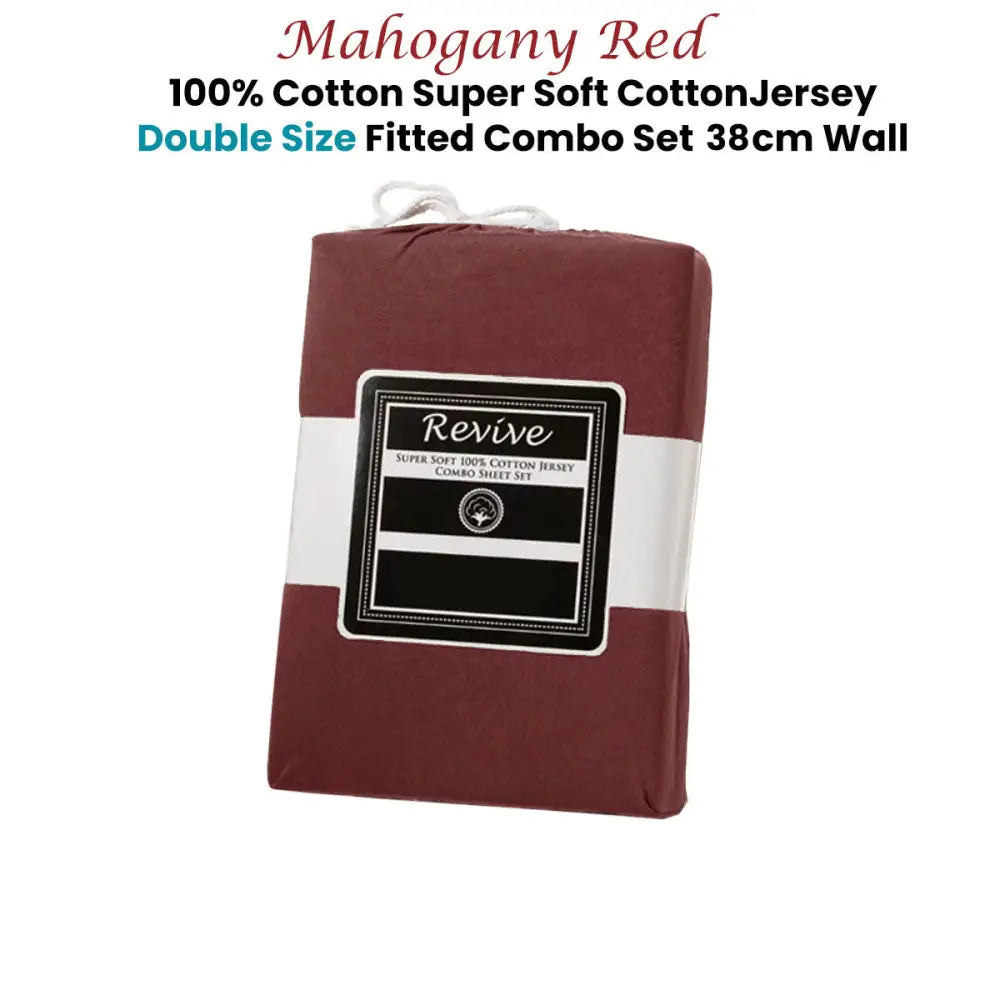 Revive Mahogany Red 100% Cotton Jersey Super Soft Fitted Sheet Combo Set Double 38cm Wall - Home & Garden > Bedding >
