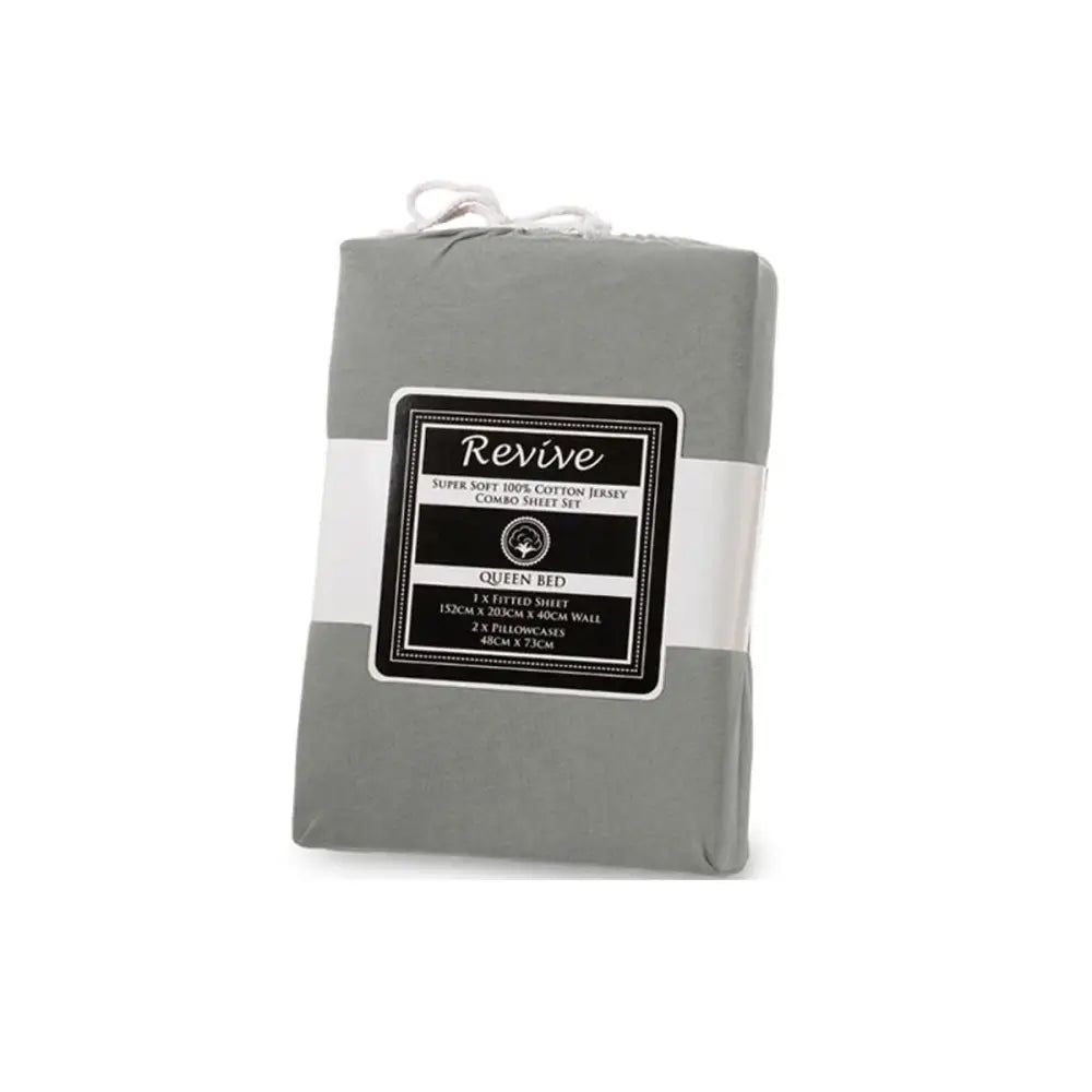 Revive Silver 100% Cotton Jersey Super Soft Fitted Sheet Combo Set Double 38cm Wall - Home & Garden > Bedding > Bed