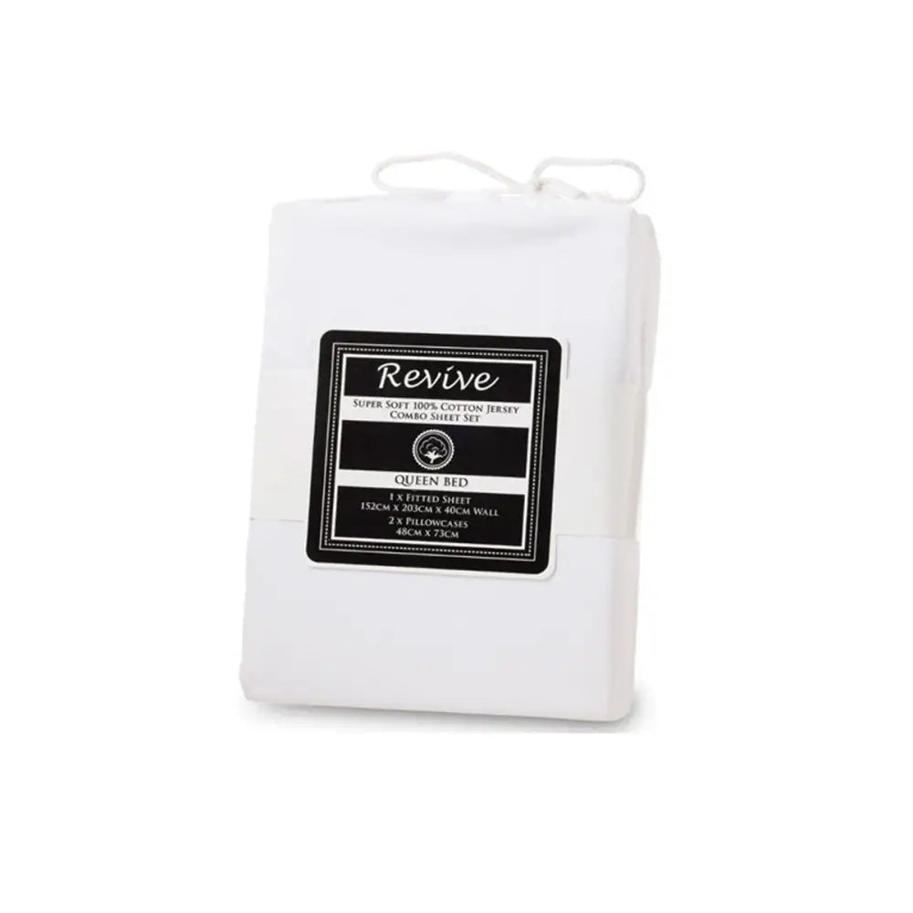 Revive White 100% Cotton Jersey Super Soft Fitted Sheet Combo Set Double 38cm Wall - Home & Garden > Bedding > Bed