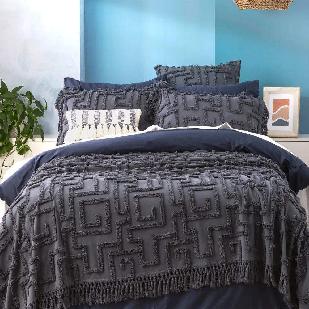 Riley 100% Cotton Vintage Washed Tufted Slate Bed Cover Set by Renee Taylor Queen/King - Home & Garden > Bedding > Bed