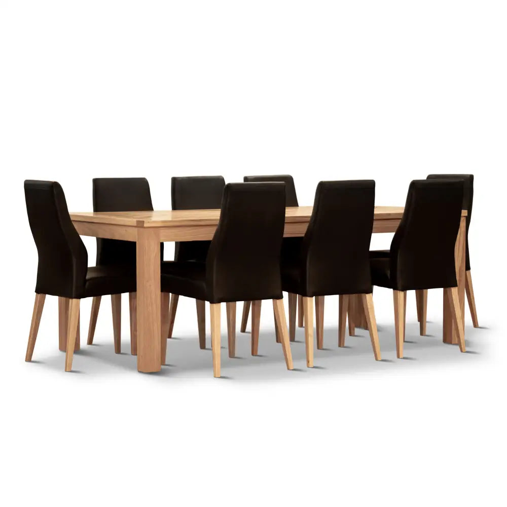Rosemallow 9pc Dining Set 210cm Table 8 Black PU Chair Solid Messmate Timber - Furniture > Dining