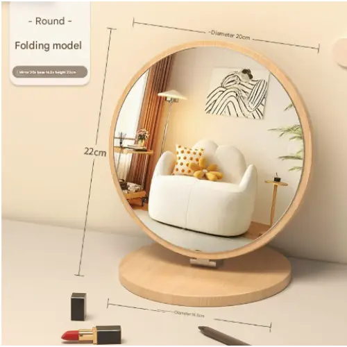 Round Folding Mirror Tabletop Makeup Mirror - Large Wooden Swivel Vanity Mirror for Desk - Home & Garden > Decor >