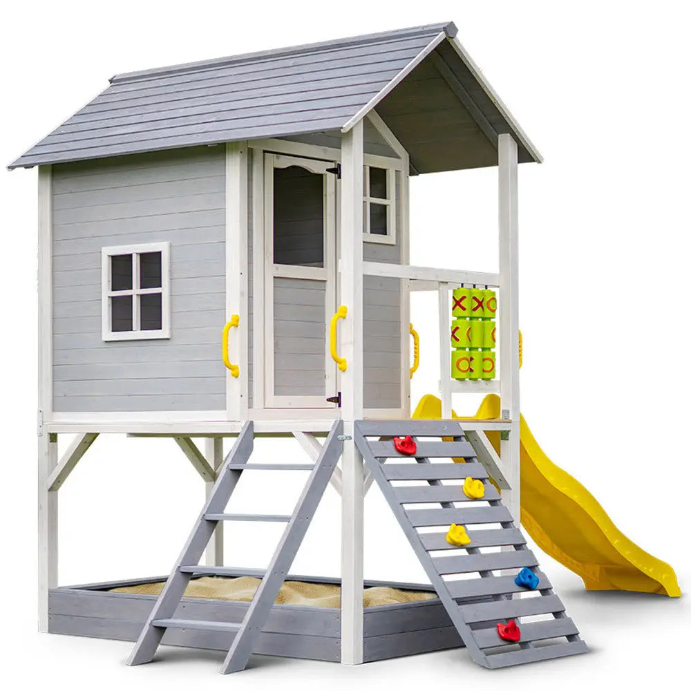 ROVO KIDS Wooden Tower Cubby House with Slide Sandpit Climbing Wall Noughts & Crosses - Baby & Kids > Baby & Kid’s