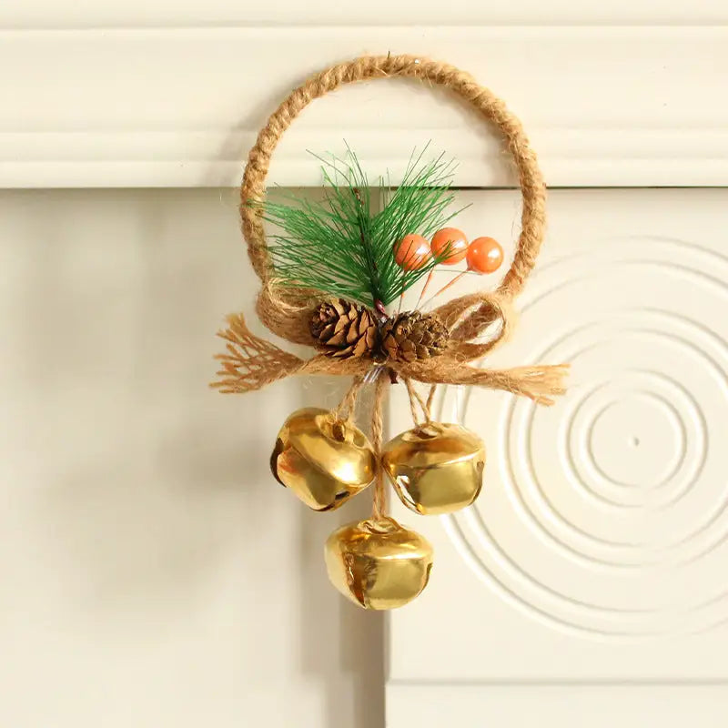 Rustic Christmas Ring Ornament with Gold Bells and Pinecones - Holiday Hanging Decor 10 pieces - Occasions > Christmas