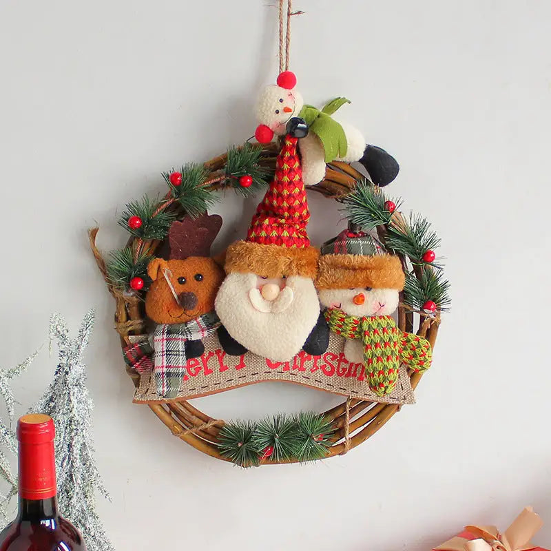 Rustic Christmas Wreath with Santa Reindeer and Snowman - Holiday Door Decoration - Occasions > Christmas > Christmas