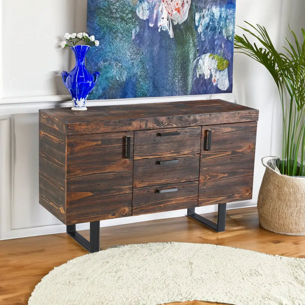 Rustica 150cm Buffet Table Solid Pine Wood 3 Drawer 2 Door Black - Furniture > Living Room