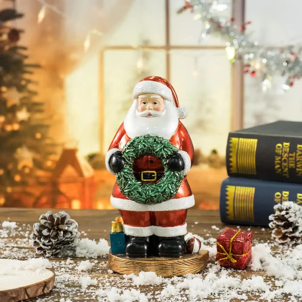 Santa Claus Figurine with Wreath - 18cm Festive Resin Christmas Decoration - Occasions > Christmas > Christmas