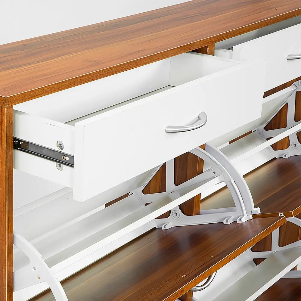 Sarantino 24 Pairs Shoe Cabinet Rack Storage Cupboard Organiser Shelf Walnut Drawers Chest - Furniture > Living Room