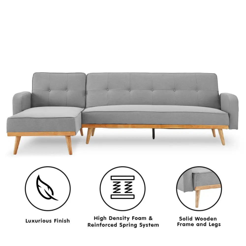 Sarantino 3-Seater Corner Sofa Bed with Chaise Lounge - Light Grey - Furniture > Bar Stools & Chairs > Arm Chairs &