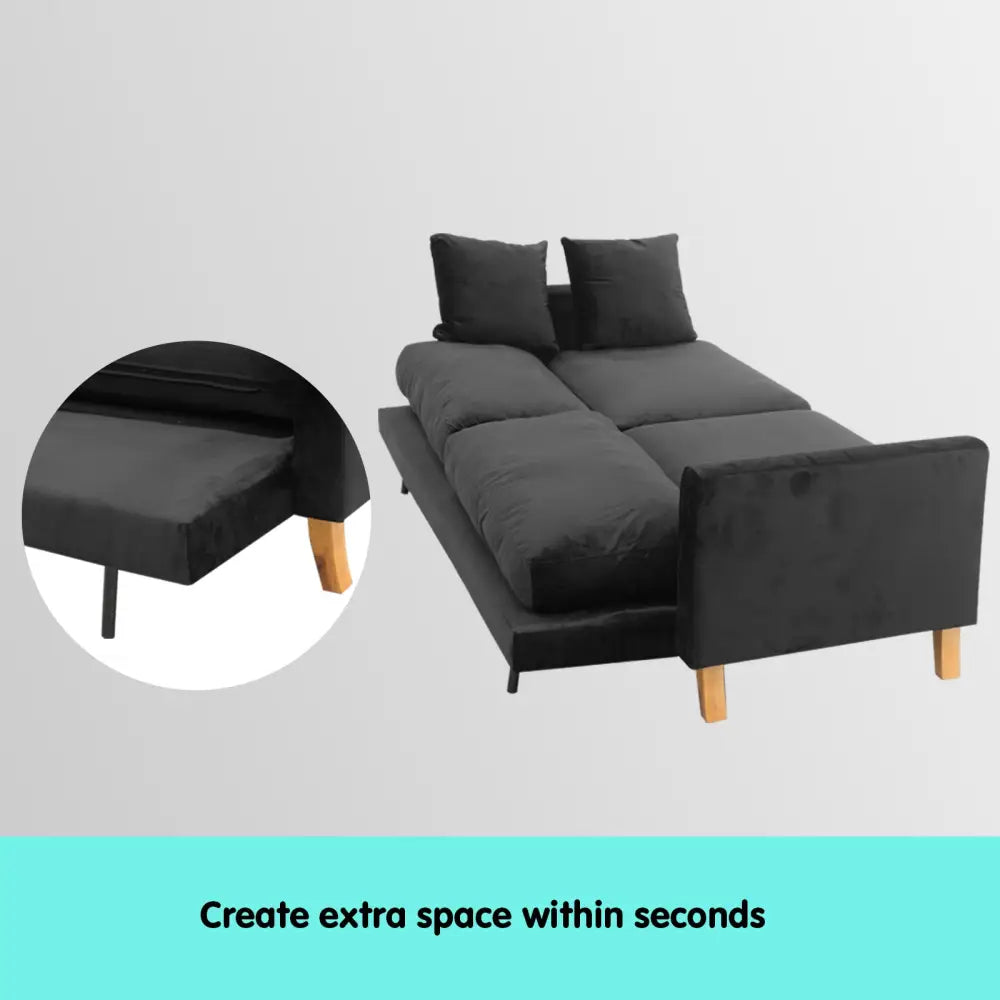 Sarantino 3 Seater Faux Velvet Wooden Sofa Bed Couch Furniture - Black - Furniture > Sofas