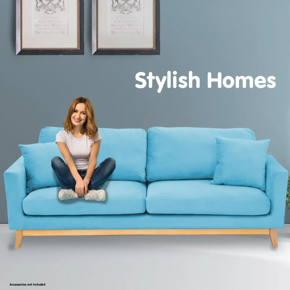 Sarantino 3 Seater Faux Velvet Wooden Sofa Bed Couch Furniture - Blue - Furniture > Sofas