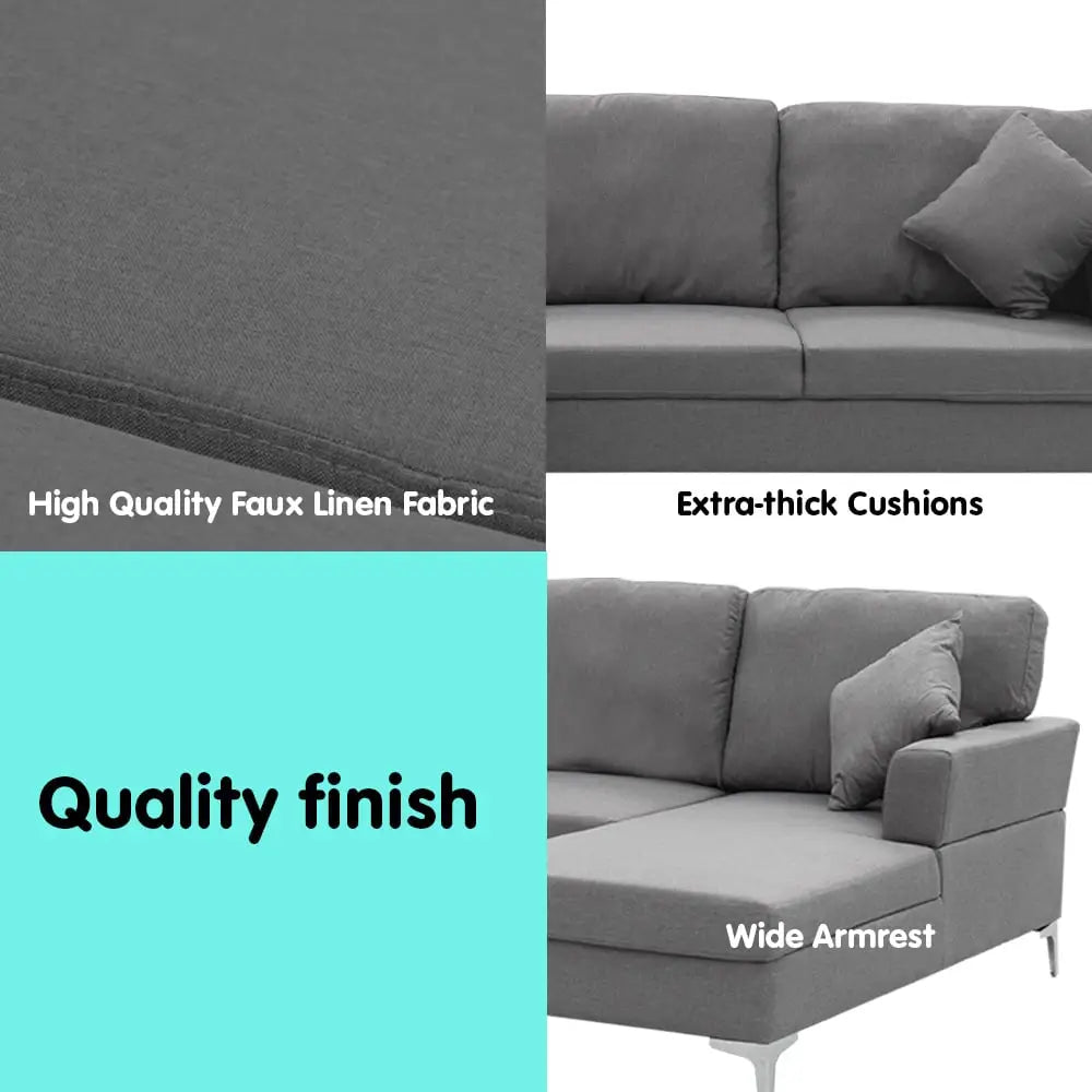 Sarantino 3 Seater Linen Sofa Lounge Left Side Chaise Couch Furniture Dark Grey L-shaped - Furniture > Sofas