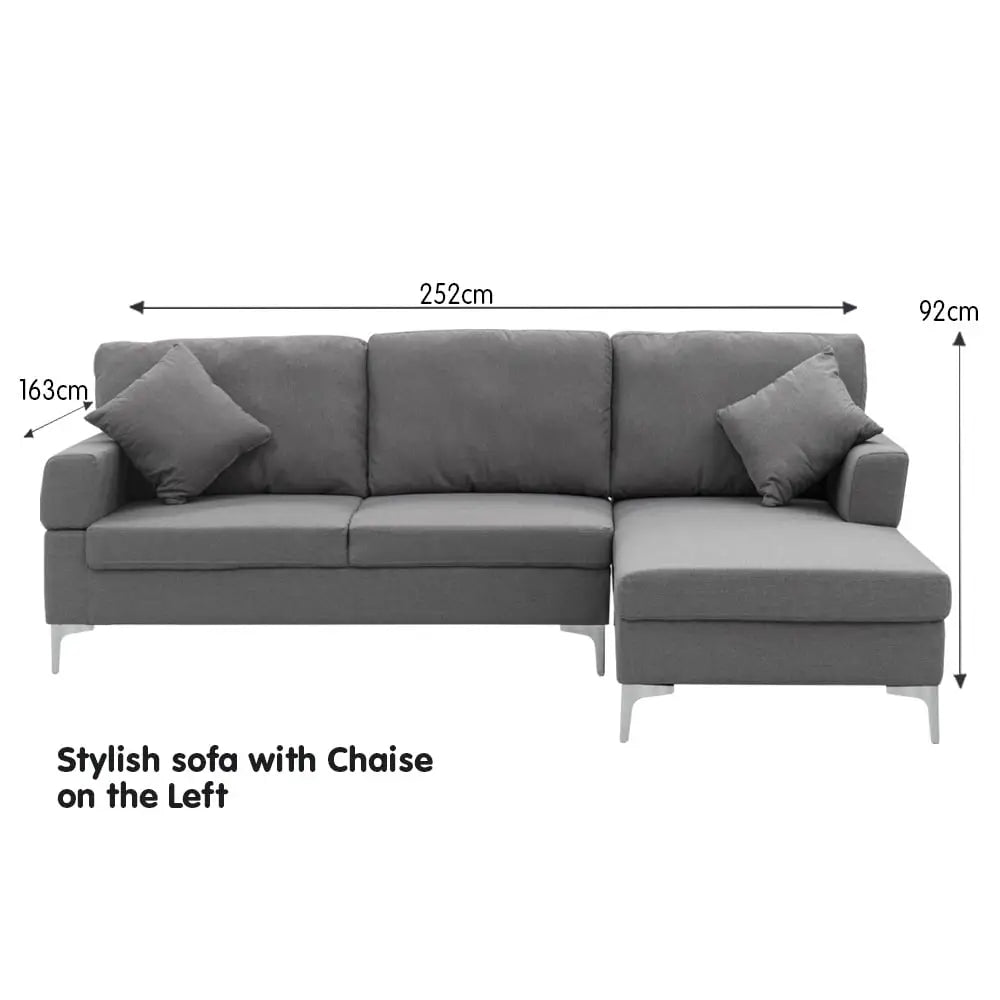 Sarantino 3 Seater Linen Sofa Lounge Left Side Chaise Couch Furniture Dark Grey L-shaped - Furniture > Sofas