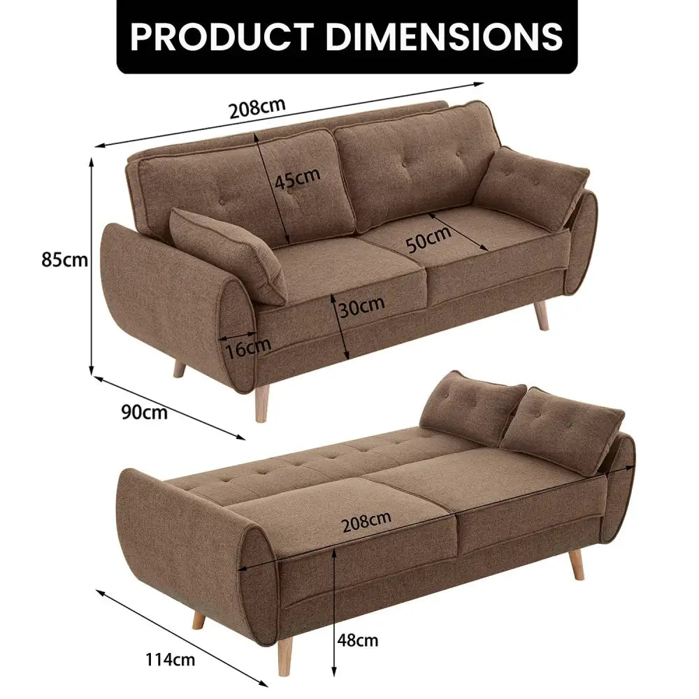 Sarantino 3 Seater Modular Linen Fabric Sofa Bed Couch Futon Suite - Brown - Furniture > Sofas > Sofas & Sofa Beds