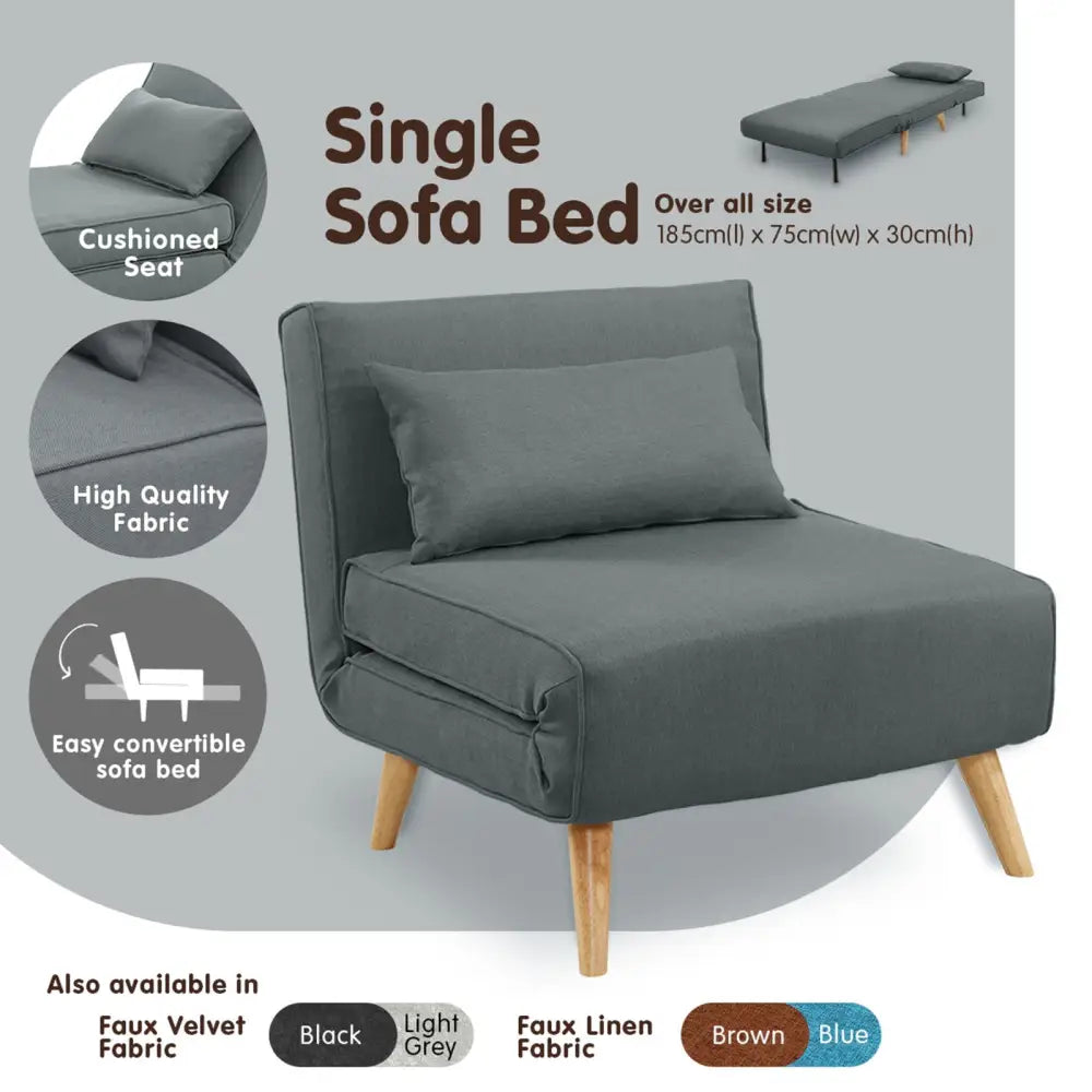 Sarantino Adjustable Chair Single Sofa Bed Faux Linen - Dark Grey - Furniture > Sofas
