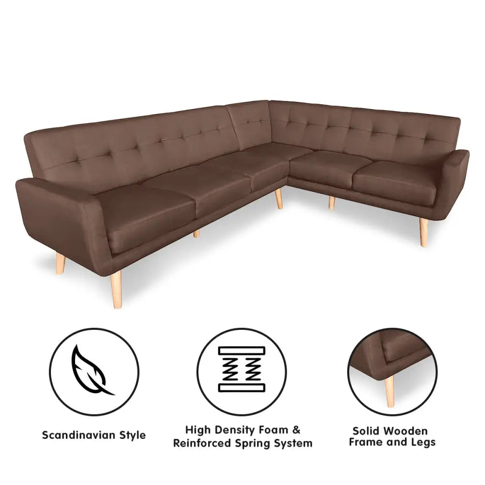 Sarantino Faux Linen Corner Wooden Sofa Lounge L-shaped with Chaise - Brown - Furniture > Bar Stools & Chairs > Arm