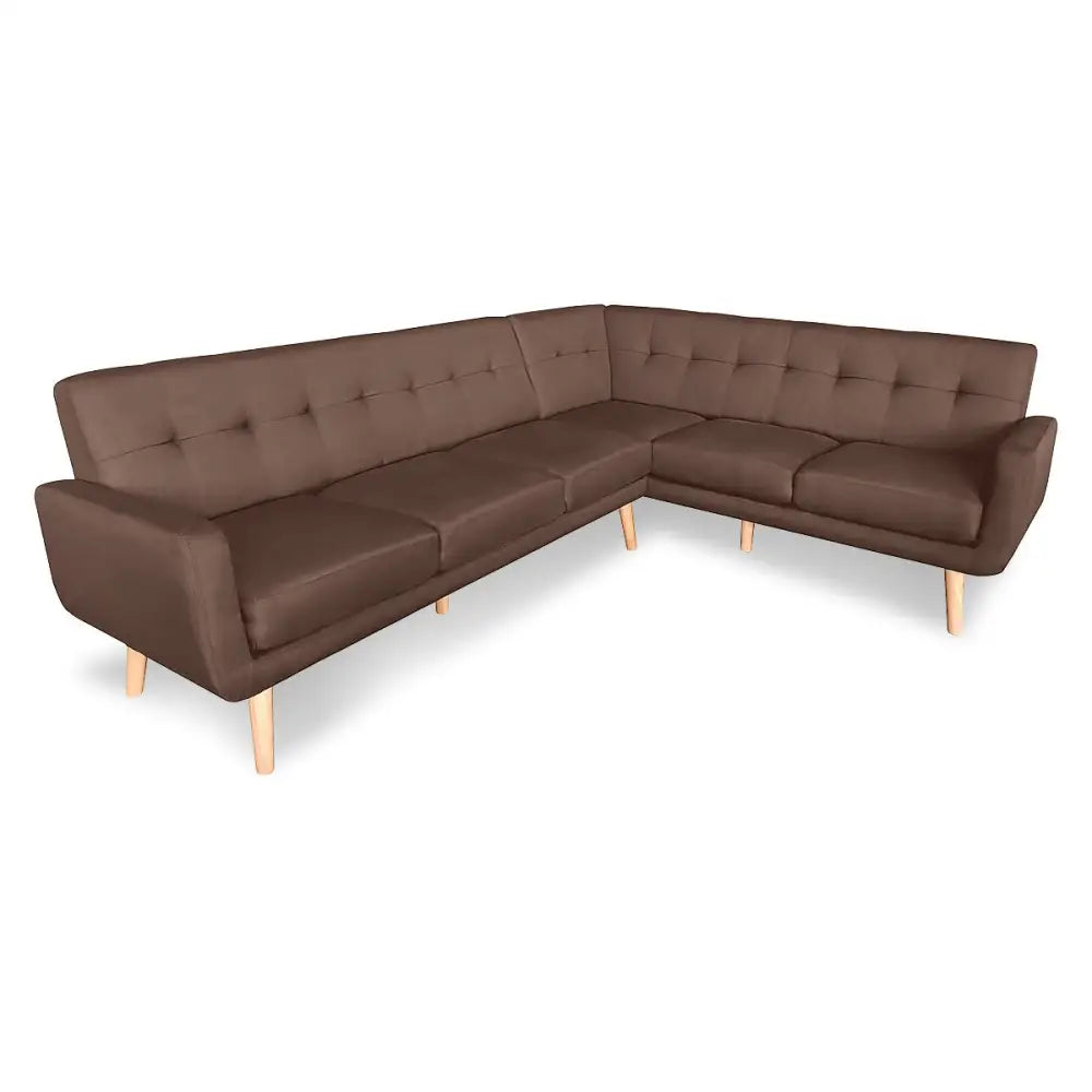 Sarantino Faux Linen Corner Wooden Sofa Lounge L-shaped with Chaise - Brown - Furniture > Bar Stools & Chairs > Arm