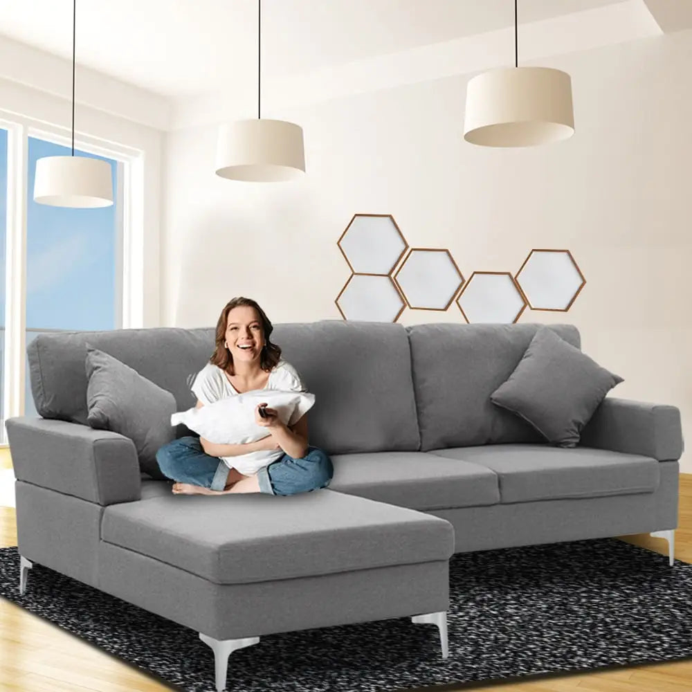 Sarantino Linen Corner Sofa Couch Lounge L-shape W/right Chaise Seat Dark Grey - Furniture > Sofas