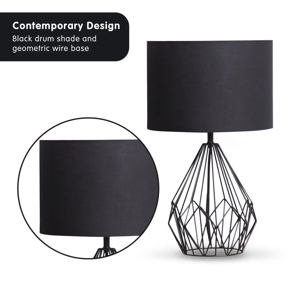 Sarantino Metal Wire Table Lamp in Black Finish With Black Drum Shade - Home & Garden > Lighting